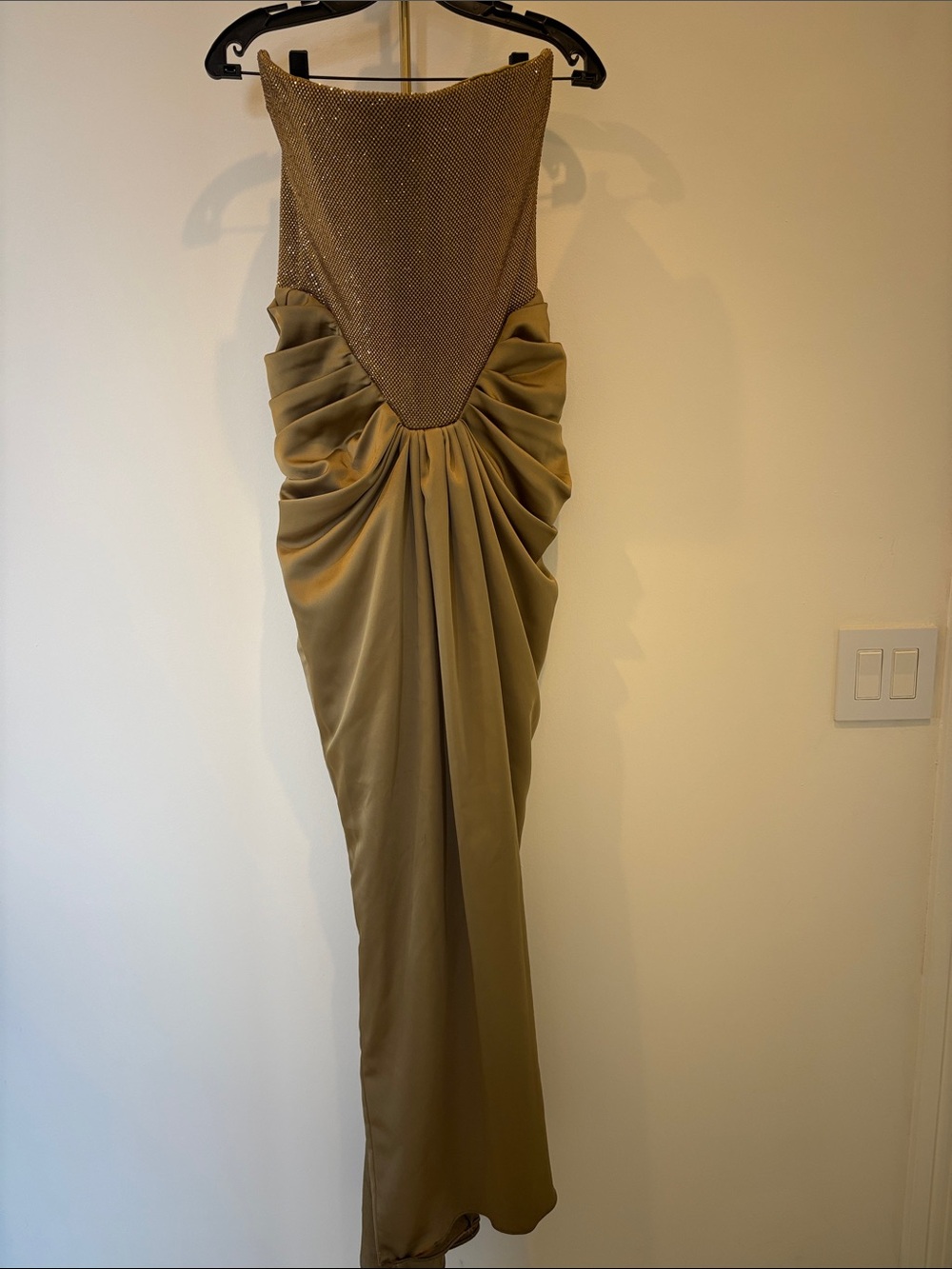 Strapless Draped Maxi Dress in Olive Gold